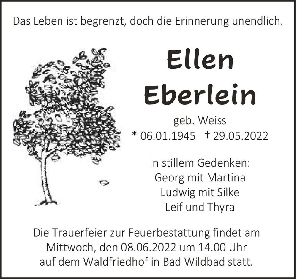 Trauern Sie um Ellen Eberlein (geb. Weiss) - Pforzheimer Zeitung